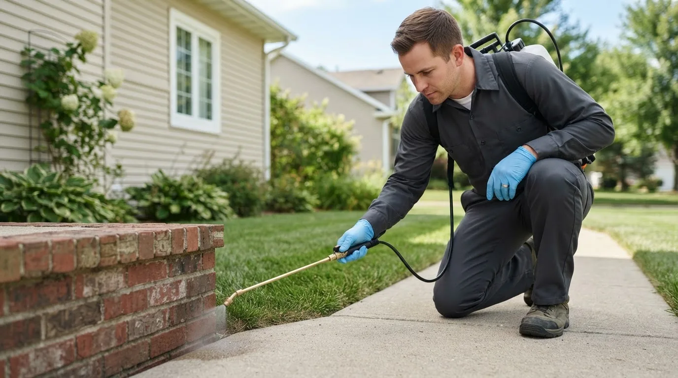 Pest control technician treating a home near Tabor, SD